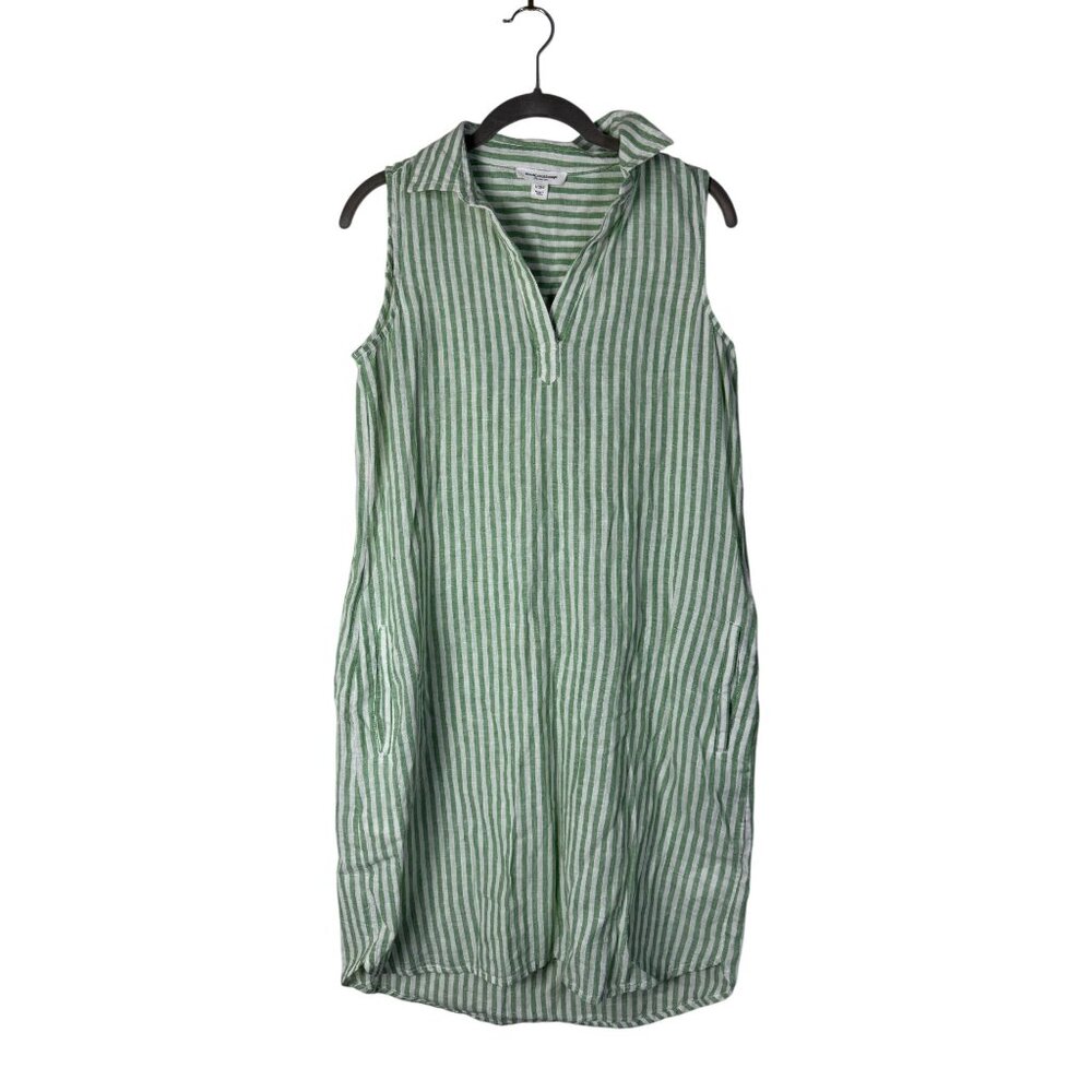 Beachlunchlounge Green White Striped Linen Cotton Shirt Dress Size Small Pockets